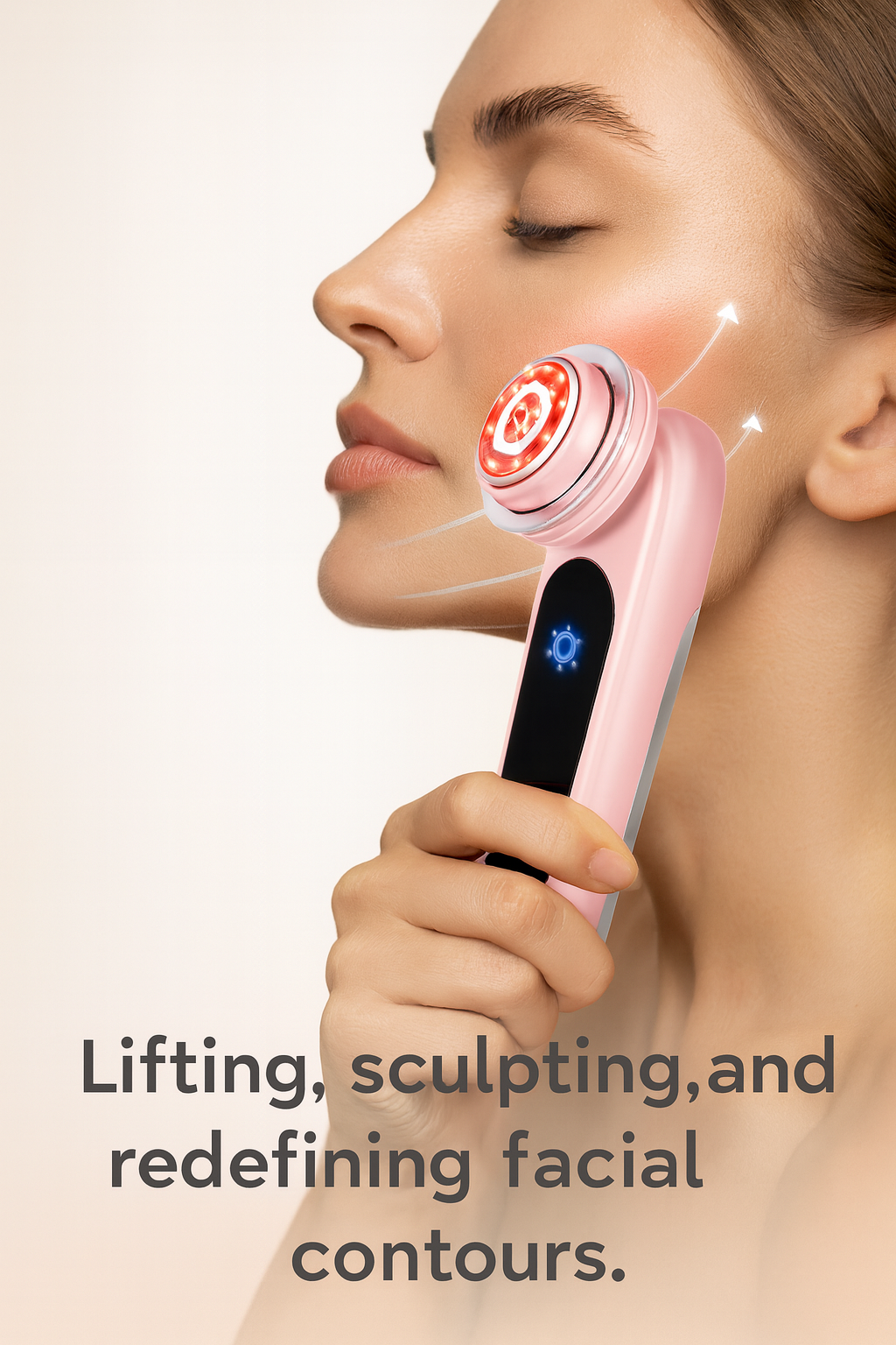 A woman in profile holding the EMS Microcurrent Beauty Device close to her face, with arrows illustrating its use and text reading, 'Lifting, sculpting, and redefining facial contours.'
