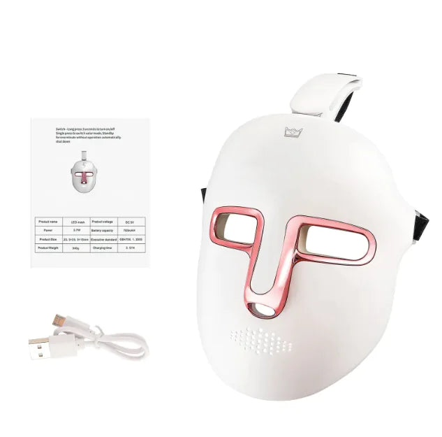 White LED facial mask with pink accents displayed on a white background alongside its box and charger.