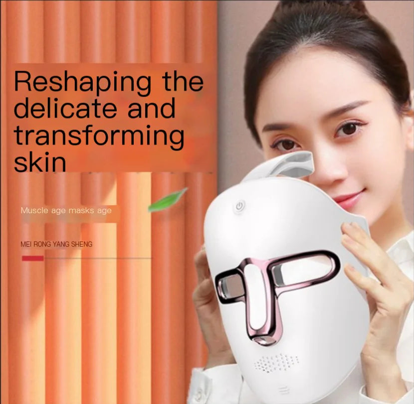 A woman holding a facial mask facing forward, with text overlay reading 'Reshaping the delicate and transforming the skin'