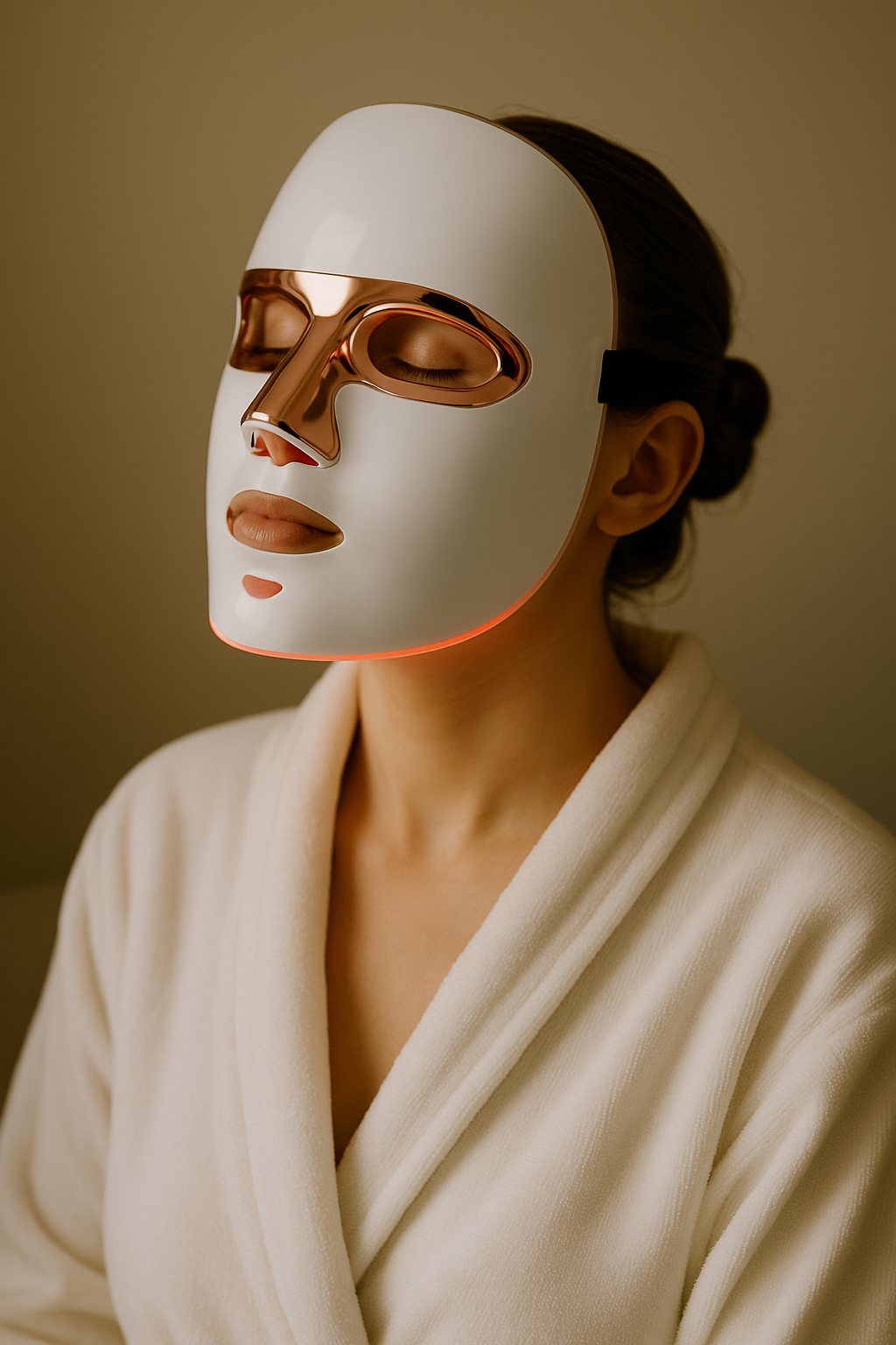 “LED Light Therapy Face Mask for Skin Rejuvenation” — A sleek LED light therapy face mask placed on a clean white surface. The mask has smooth contours with openings for the eyes, nose, and mouth, glowing with soft red, blue, and near infrared light. Designed for at home skincare, it represents advanced beauty technology used to improve collagen, reduce acne, brighten dull skin, and soften fine lines. The device looks lightweight, comfortable, and modern, offering a noninvasive way to rejuvenate and refresh
