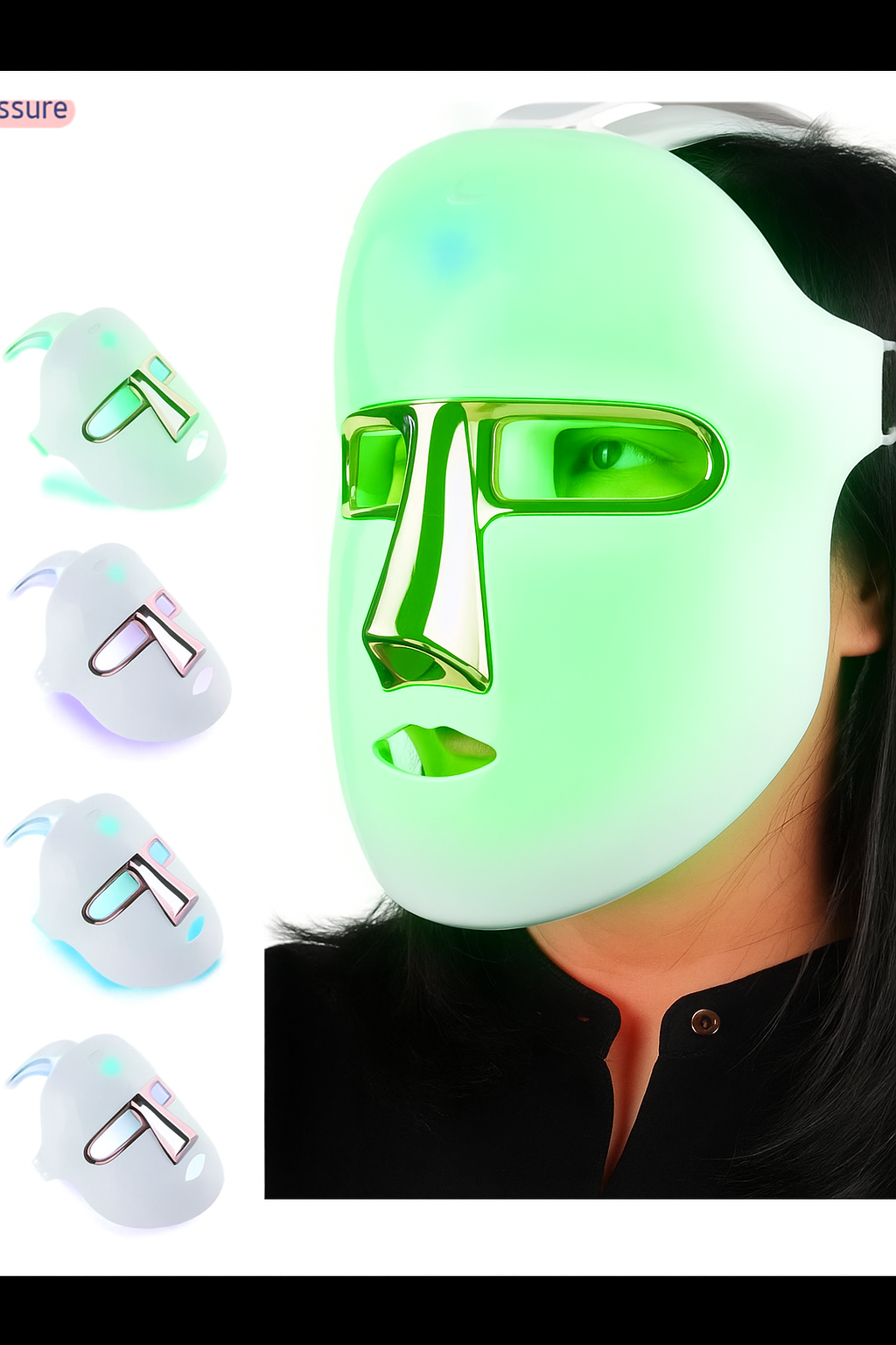 A woman wearing a facial mask with green accents, surrounded by other masks displayed against different backgrounds