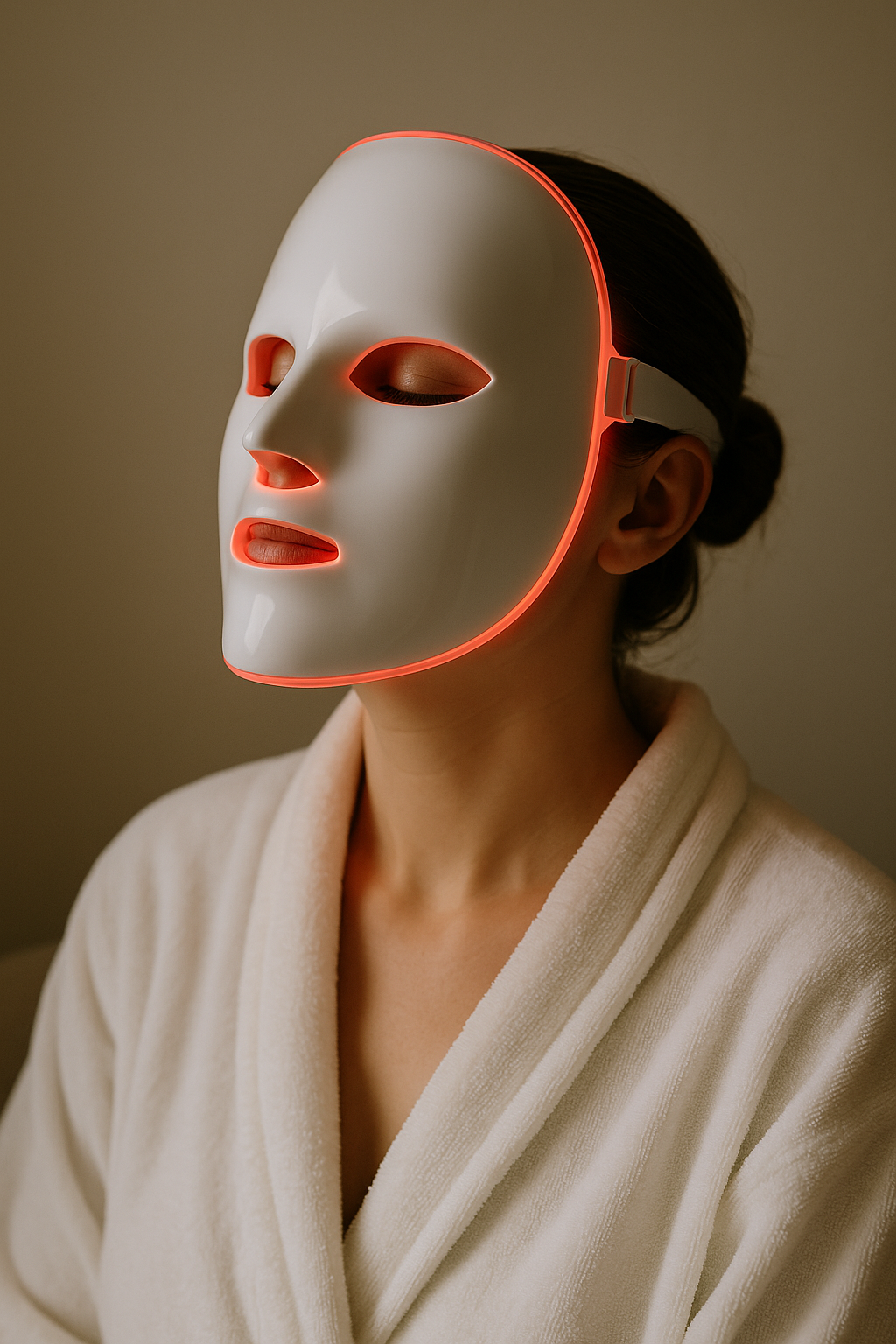 Woman wearing an LED facial therapy mask while relaxing indoors.