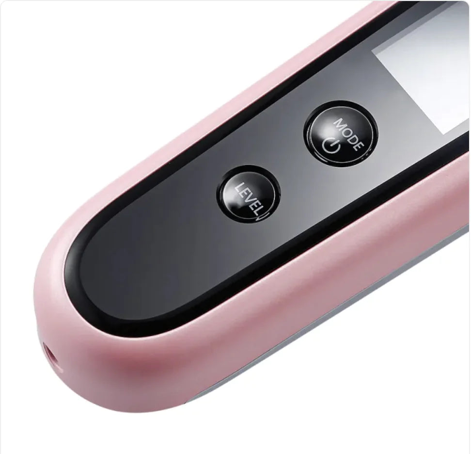 Close-up of the pink EMS Microcurrent Beauty Device showing its mode and level selector