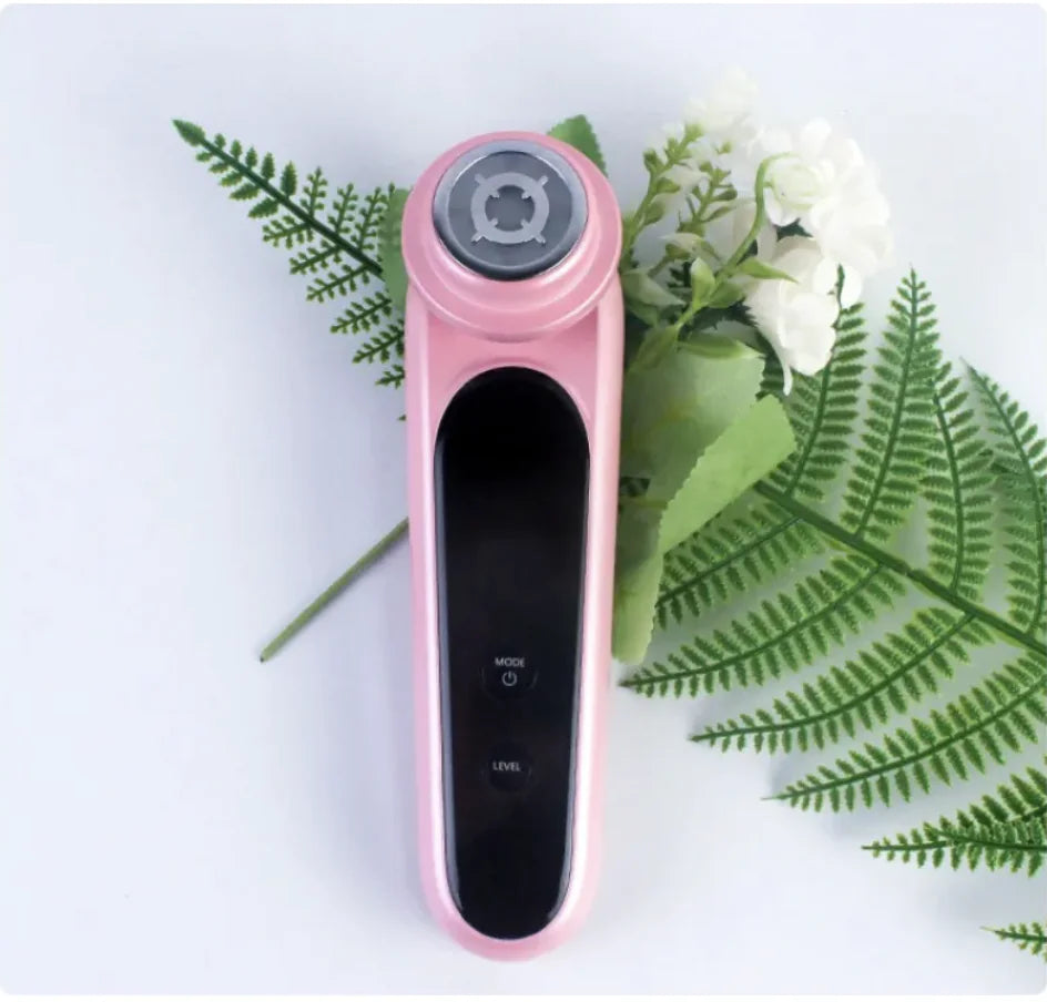 The pink EMS Microcurrent Beauty Device lying on a green leaf against a white background