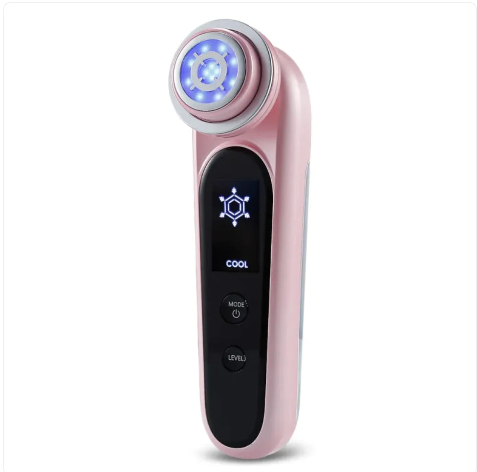The pink EMS Microcurrent Beauty Device showing its power buttons and mode selector