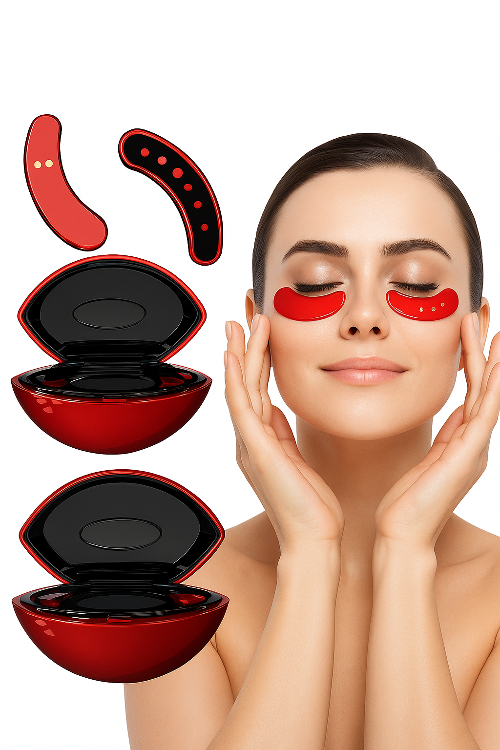 The Eye-Enhancing Beauty Tool eye pads with their casing, shown alongside a woman using the eye pads on a white background