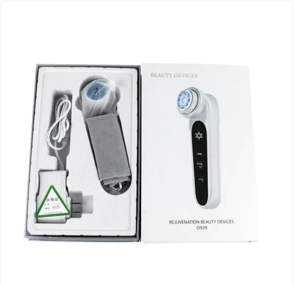 The white EMS Microcurrent Beauty Device placed inside its packaging box